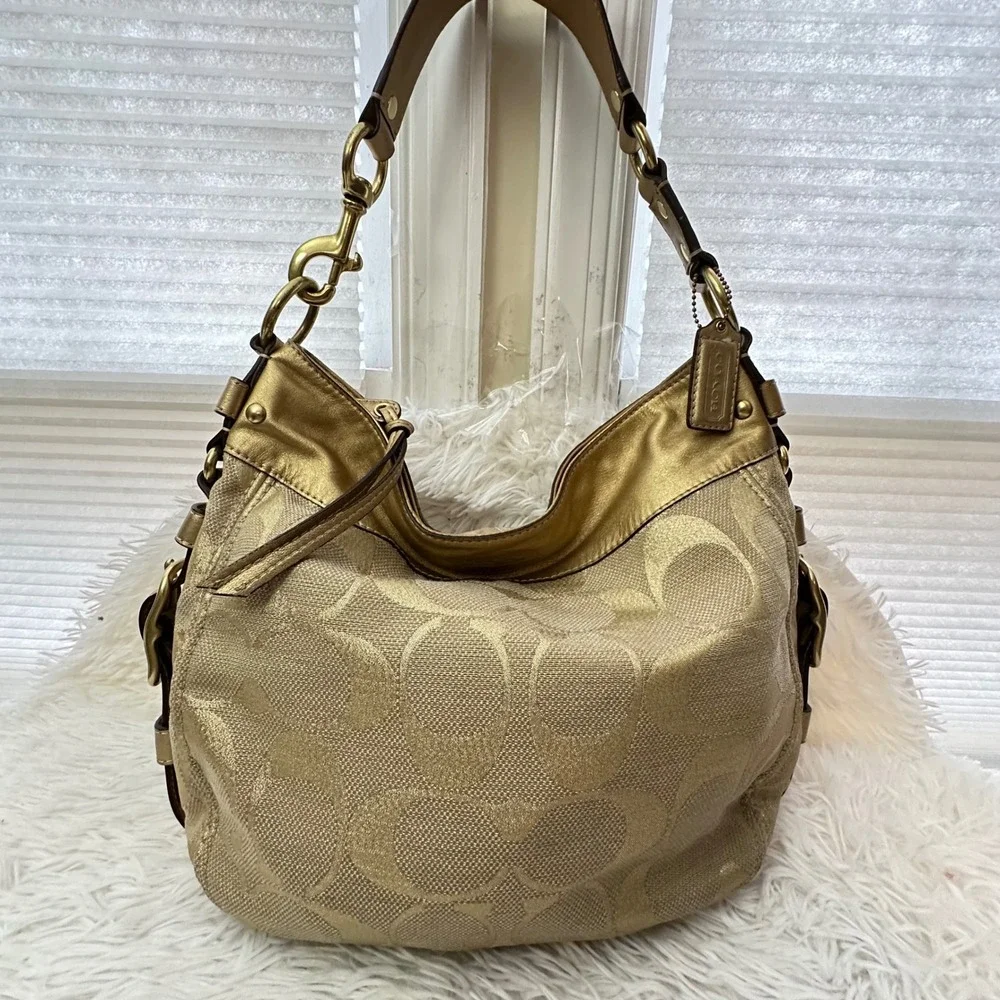 Coach Zoe Signature Metallic‎ Jacquard Print Large Hobo Bag Gold Leather Trims